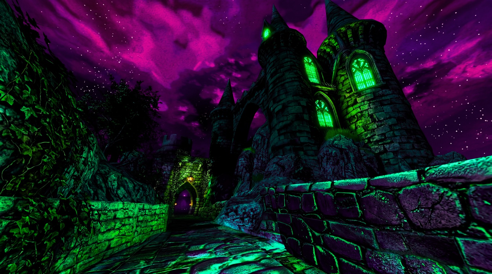 Castle under a violet star field, green windows glowing