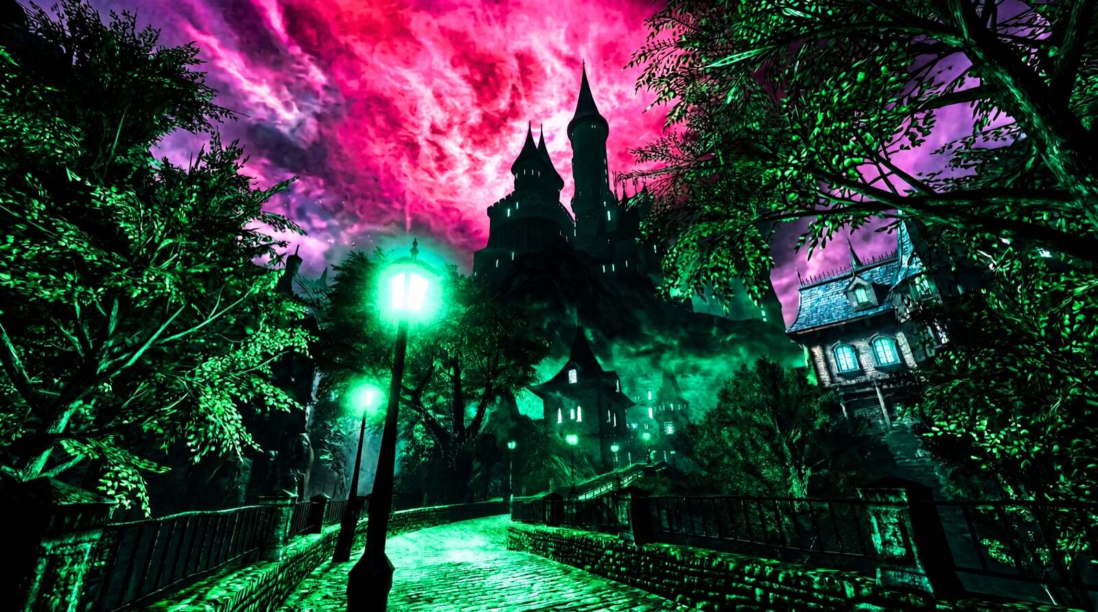 Castle under a burning pink sky