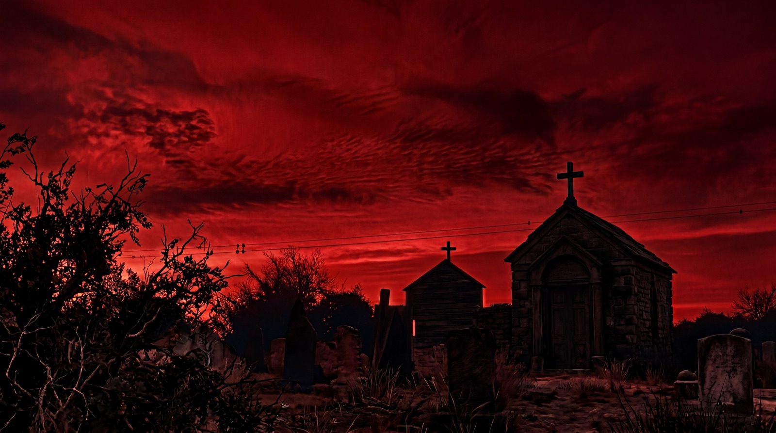 Chapel silhouettes under a blood-red sky