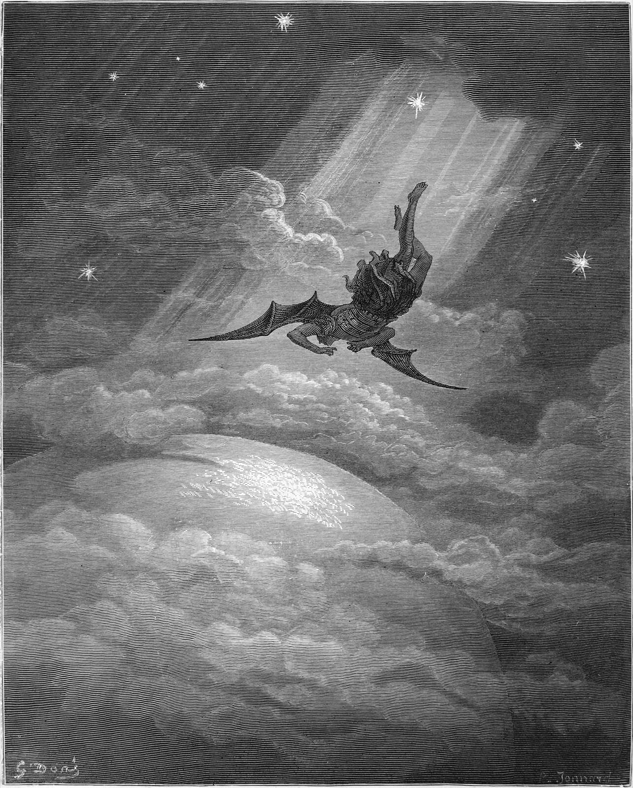 Doré engraving — a winged figure falling through starlight