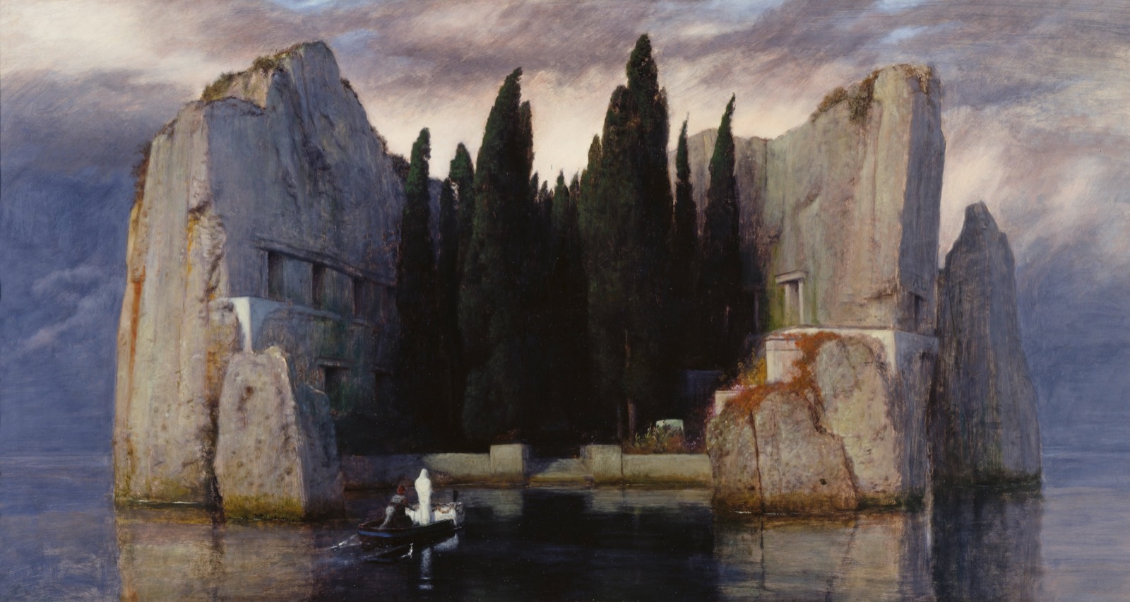 Böcklin, Isle of the Dead — a boat approaching a walled island